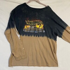 Hot Wheels Long Sleeve Graphic T-Shirt Dip Dye Black Tan Mens Medium M1